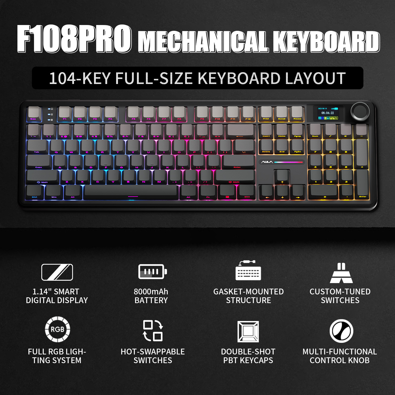 Gaming Keyboard Hot Swappable - AULA F108 PRO Mechanical Keyboard Custom